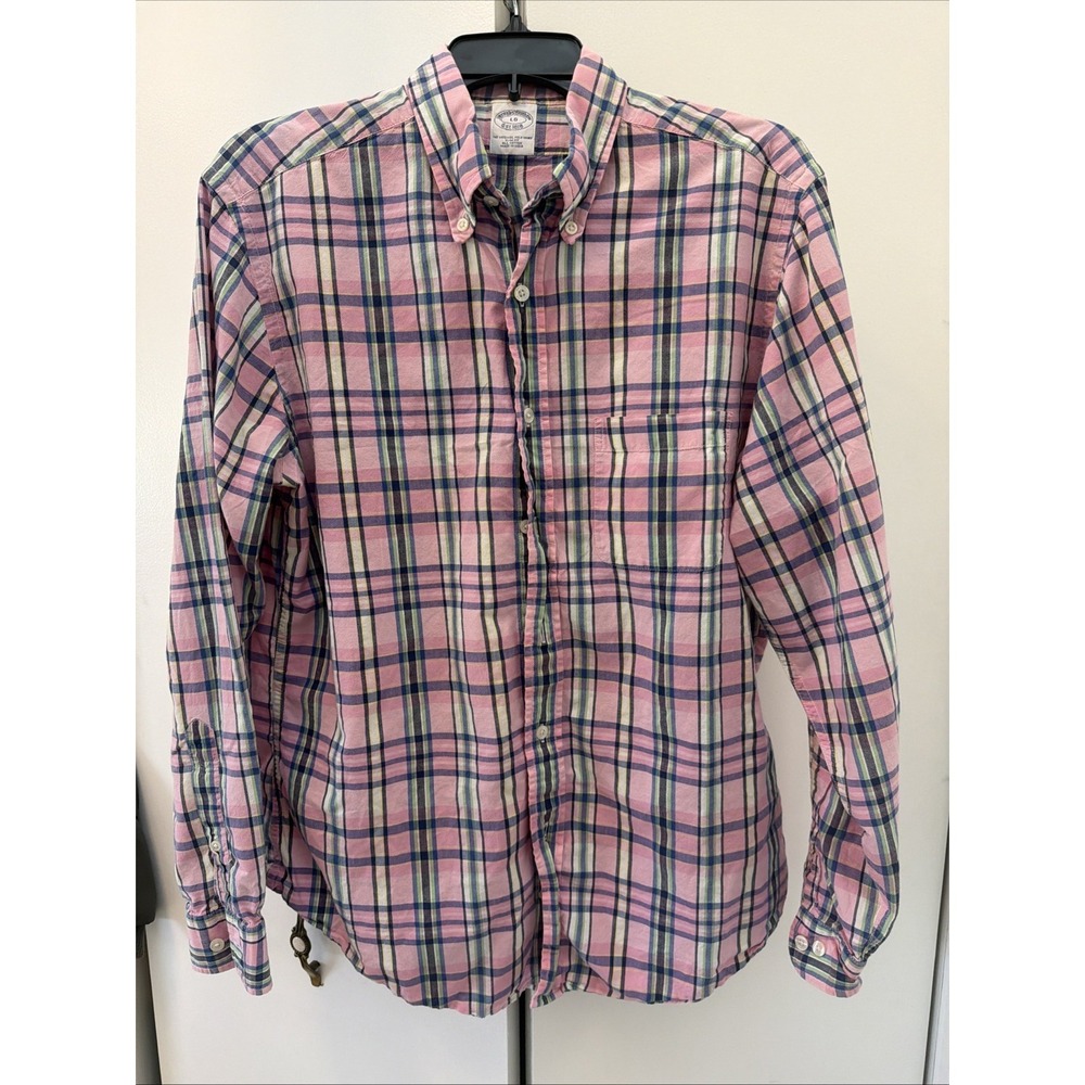 Brooks Brothers Mens L Pink Blue Plaid Button Down Slim Fit All Cotton 00015